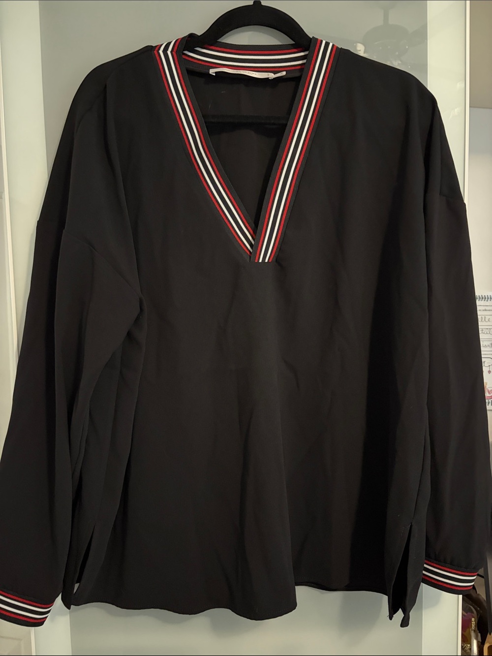 Men's Black V-Neck Shirt with Red-Trim Collar